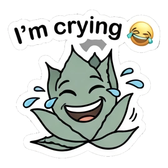 Laughing aloe plant crying tears of joy. Cheerful Aloe Adventures sticker for expressive chats and social replies.