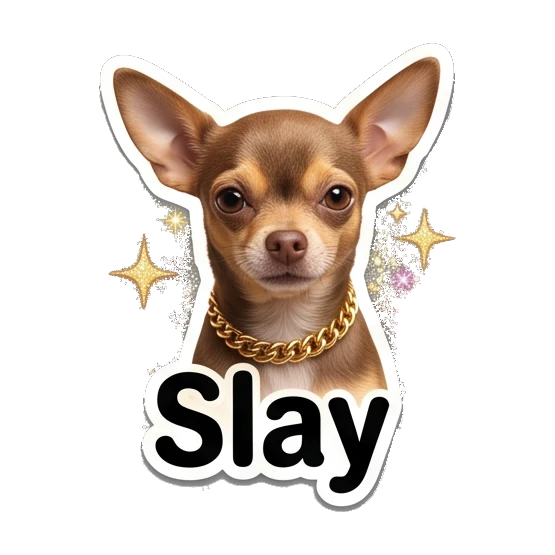 Chihuahua wearing a gold chain, looking confident, text Slay Chihuahua Moods sticker for expressive chats and social replies.