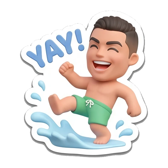 Happy boy surfing on water with YAY text Summer Vibes Boy sticker for expressive chats and social replies.