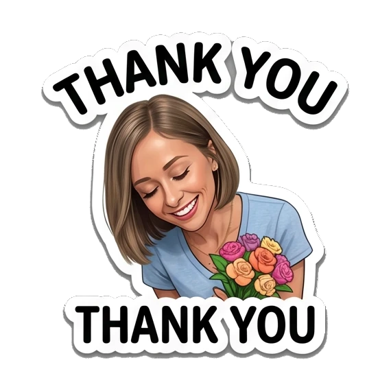 Woman smiling while holding flowers, text THANK YOU Everyday Expressions of Sarah sticker for expressive chats and social replies.