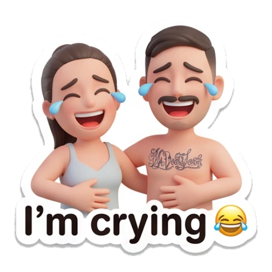 Couple laughing with tears with text I'm crying Our Daily Vibes sticker for expressive chats and social replies.