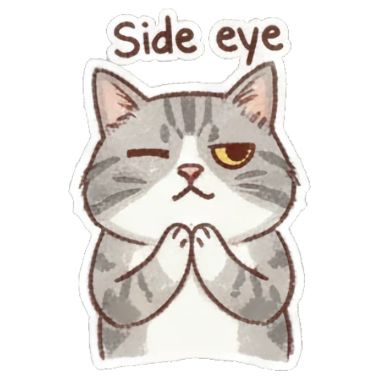 Cat giving side eye with wink, text Side eye Fluffy Doodle Cat Expressions sticker for expressive chats and social replies.