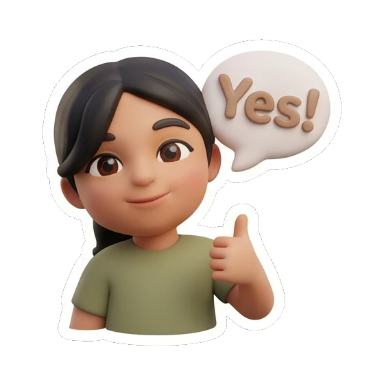 Girl giving a thumbs up with a Yes speech bubble, happy. Cheerful Girl Daily Life sticker for expressive chats and social replies.