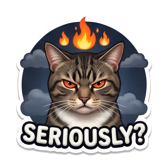 Tabby cat looking angry with fire icon above head, text says SERIOUSLY. Cosmic Tabby Adventures sticker for expressive chats and social replies.