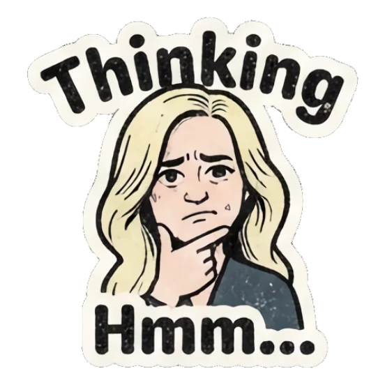 Thoughtful blonde girl resting chin on hand while pondering. Retro Blonde Comic Vibes sticker for expressive chats and social replies.