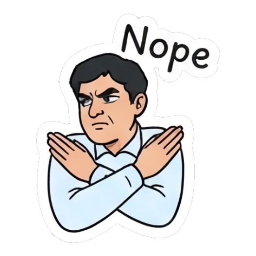 Man crossing arms in rejection with 'Nope' text Office Guy Daily Vibes sticker for expressive chats and social replies.