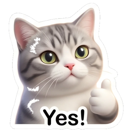 Grey cat giving thumbs up with Yes text Cute Grey Tabby Expressions sticker for expressive chats and social replies.