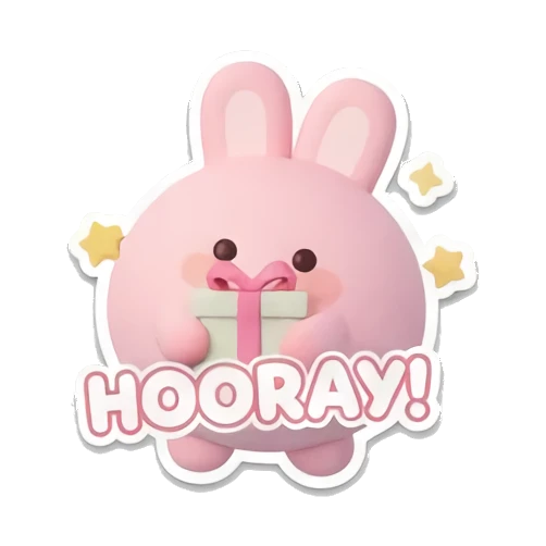 Pink bunny holding a gift box with HOORAY text. Pink Bunny Daily Moods sticker for expressive chats and social replies.