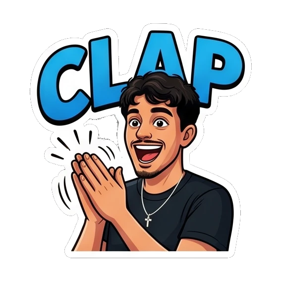 Excited young man clapping with 'CLAP' text. Cool Guy Daily Vibes sticker for expressive chats and social replies.
