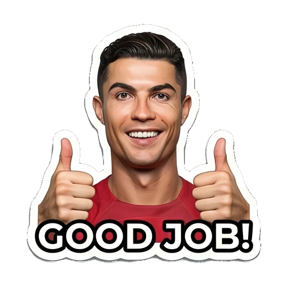 Cristiano Ronaldo giving thumbs up with GOOD JOB text Cristiano Ronaldo Expressions sticker for expressive chats and social replies.