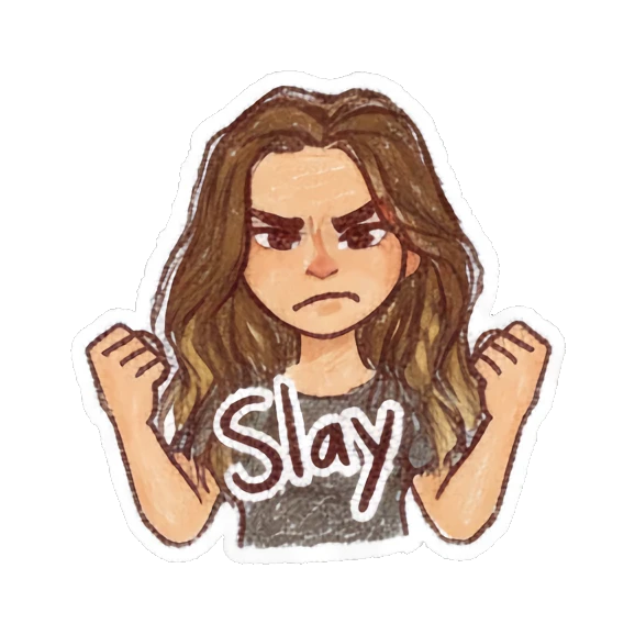 Confident girl clenching fists with text Slay Curly Haired Girl Daily Vibes sticker for expressive chats and social replies.