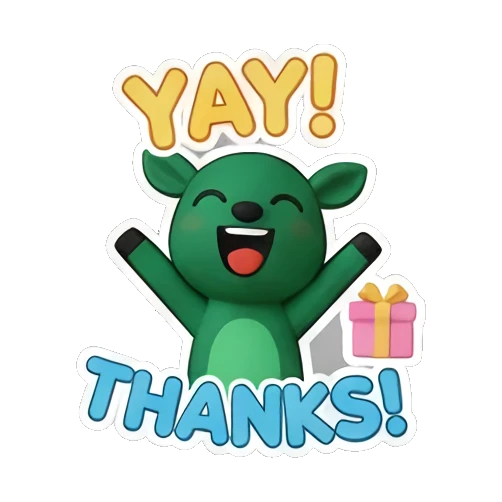 Excited green deer celebrating with YAY THANKS text and gift Green Deer Joyful Adventures sticker for expressive chats and social replies.
