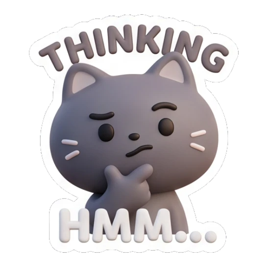Thoughtful grey cat touching chin saying hmm. Moody Grey Cat Daily sticker for expressive chats and social replies.