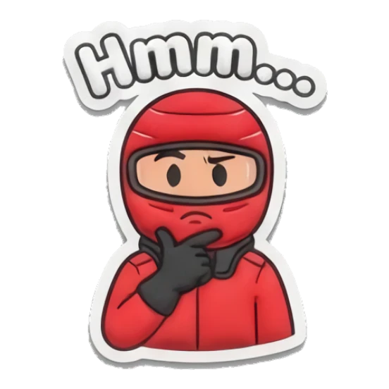 Racer thinking with a hand on chin Red Racer Mascot sticker for expressive chats and social replies.