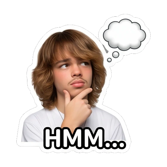 Teen boy thinking with hand on chin, text HMM... Teen Boy Daily Vibes sticker for expressive chats and social replies.