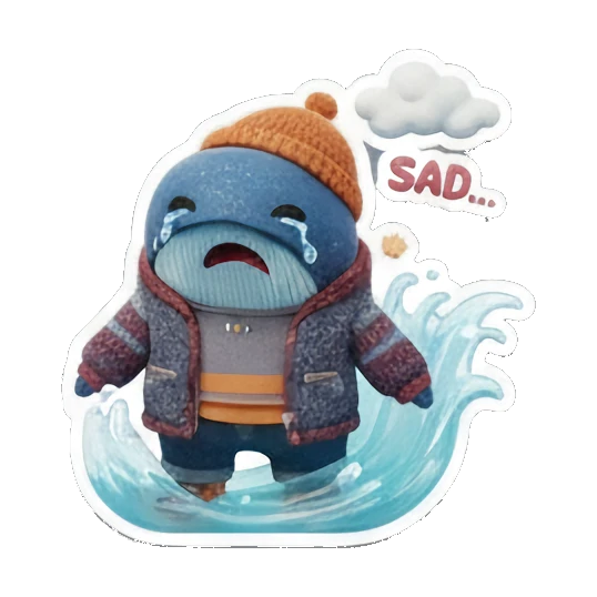 Blue whale crying in water, sad expression, text 'SAD...' Ocean Buddy Adventures sticker for expressive chats and social replies.
