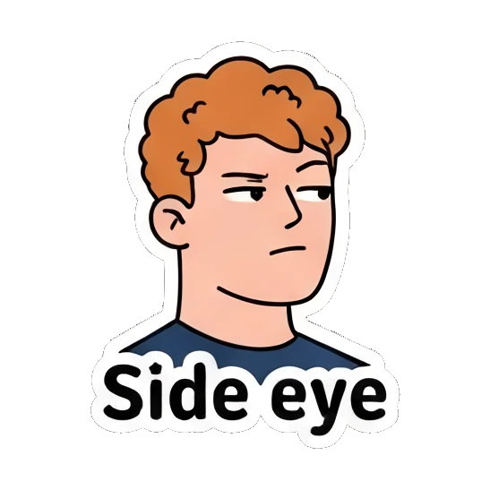 Skeptical ginger athlete giving a side eye with text Side eye Ginger Athlete Vibes sticker for expressive chats and social replies.