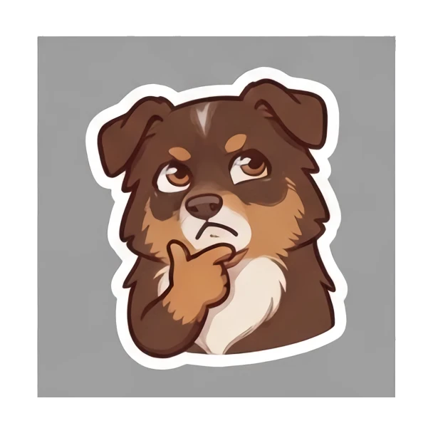 Aussie dog thinking with a hand on its chin. Cheerful Aussie Buddy sticker for expressive chats and social replies.