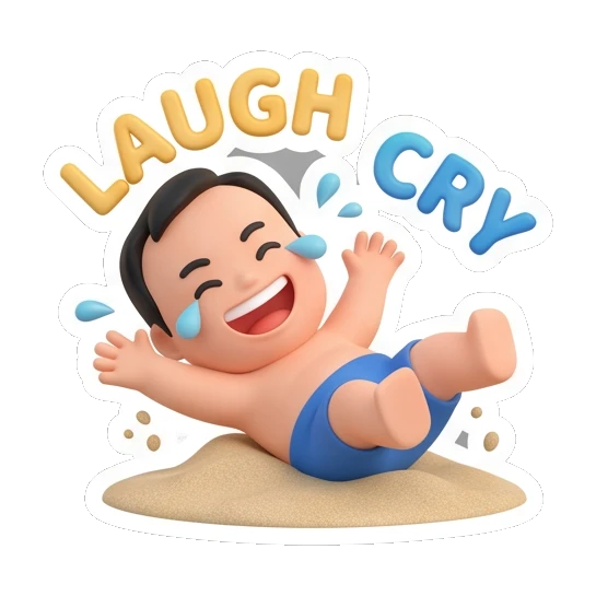 男孩在沙滩打滚大笑 Summer Boy Adventures sticker for expressive chats and social replies.
