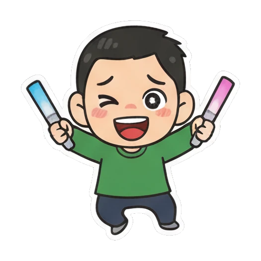 Boy cheering with glow sticks Cheerful Green Shirt Boy sticker for expressive chats and social replies.