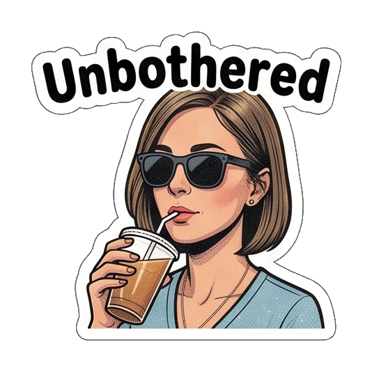 Woman wearing sunglasses drinking iced coffee, text Unbothered Retro Comic Office Lady sticker for expressive chats and social replies.