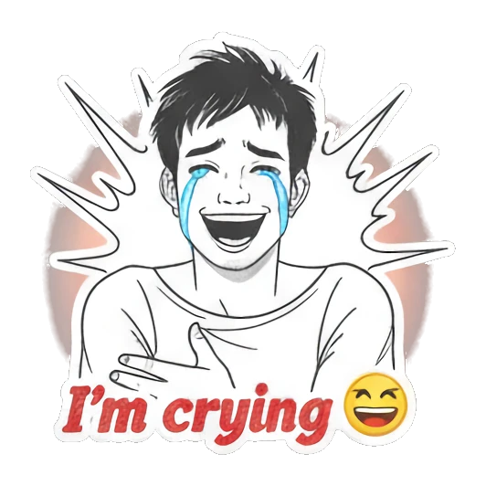 Young man laughing and crying with tears and text I'm crying. Daily Moods of a Young Man sticker for expressive chats and social replies.