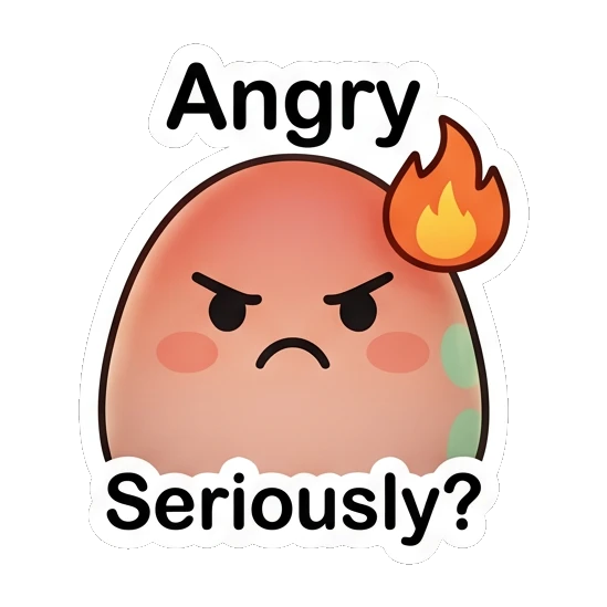Angry egg character with a flame on head and 'Angry' text. Little Egg Moods sticker for expressive chats and social replies.