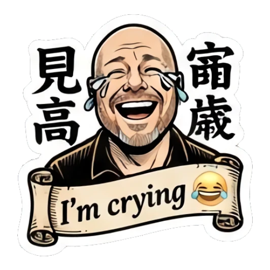 Bald man laughing with tears of joy, text says I'm crying. Bald Guy Daily Vibes sticker for expressive chats and social replies.