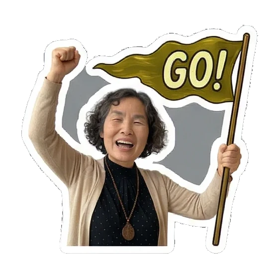 Mother cheering with flag Cheerful Grandma Daily Life sticker for expressive chats and social replies.