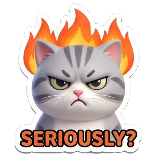 Angry tabby cat with fire on head and text SERIOUSLY? Cheerful Tabby Cat Daily sticker for expressive chats and social replies.