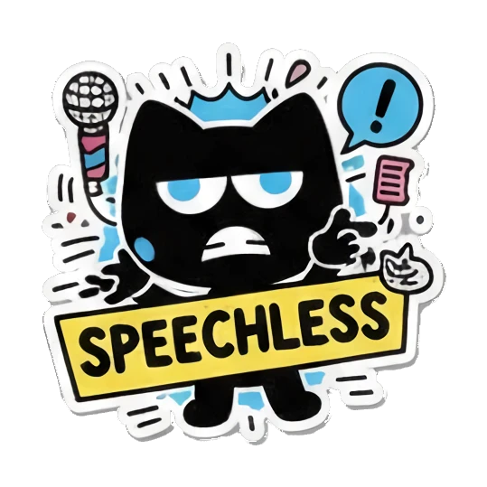 Black cat looking speechless with a speech bubble and text. Keith Haring Style Black Cat sticker for expressive chats and social replies.