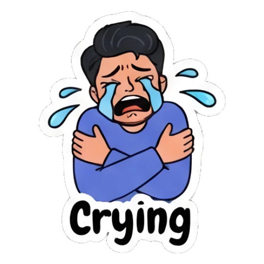 Crying young man hugging himself with text Crying Daily Life of a Cool Guy sticker for expressive chats and social replies.