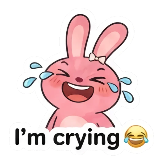 Happy laughing pink bunny with tears of joy Pink Bunny Moods sticker for expressive chats and social replies.
