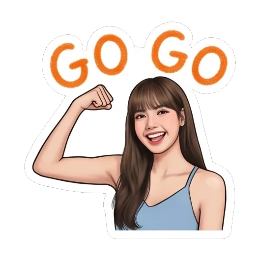 Young woman flexing her arm with a determined look and GO GO text. Lisa Daily Vibes sticker for expressive chats and social replies.