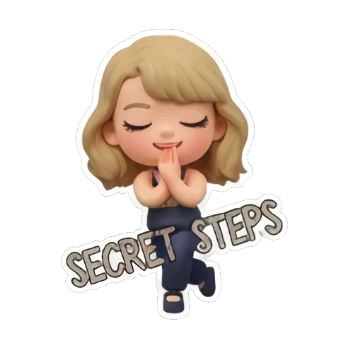 Blonde girl with hands together in a secret pose, text 'SECRET STEPS' Chibi Pop Star Life sticker for expressive chats and social replies.