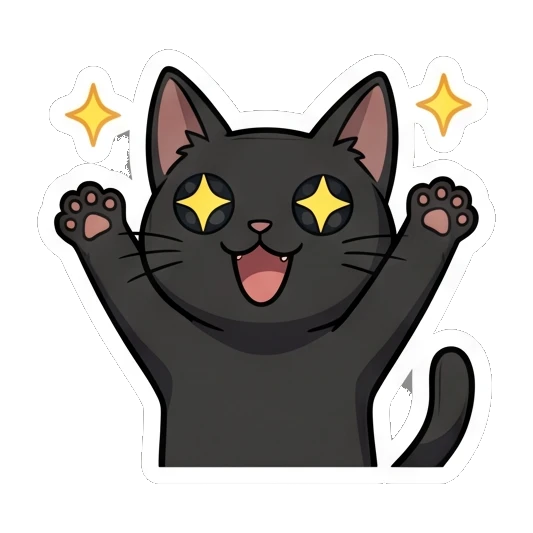 Black cat cheering with arms raised and sparkling eyes. Little Black Cat Expressions sticker for expressive chats and social replies.