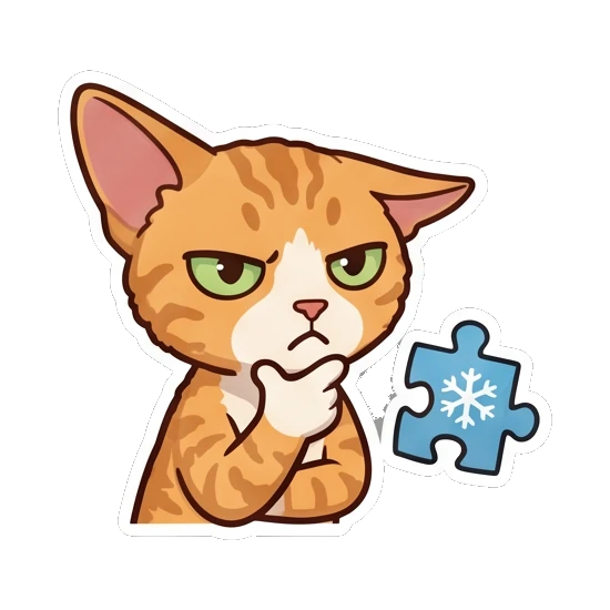 Ginger cat thinking deeply while holding a blue puzzle piece Ginger Cat Holiday Joy sticker for expressive chats and social replies.