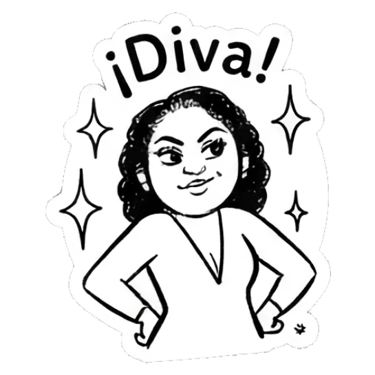Confident girl with hands on hips with 'Diva!' text Curly Hair Girl Daily Vibes sticker for expressive chats and social replies.