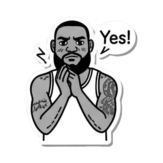 Basketball player with hands together, looking expectant, text Yes! King James Pop Art Vibes sticker for expressive chats and social replies.