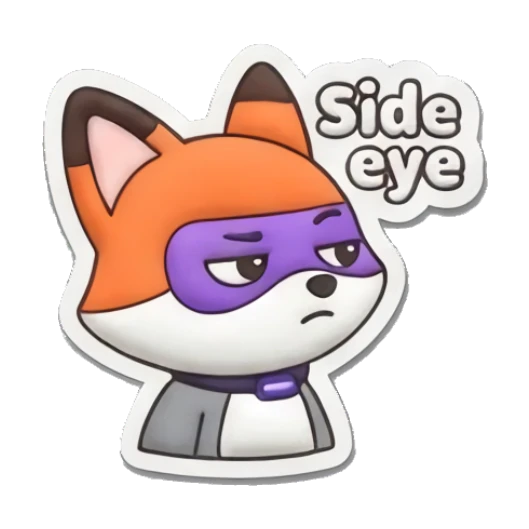 Skeptical fox giving a side-eye glance. Hero Fox Puff sticker for expressive chats and social replies.