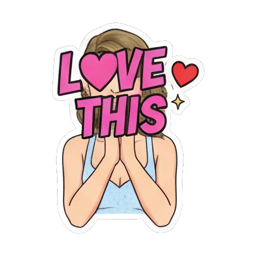 Pop star holding heart with 'LOVE THIS' text Pop Star Daily Vibes sticker for expressive chats and social replies.