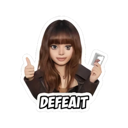 Gamer girl giving a thumbs down with 'DEFEAT' text, sad. Gamer Girl Adventures sticker for expressive chats and social replies.