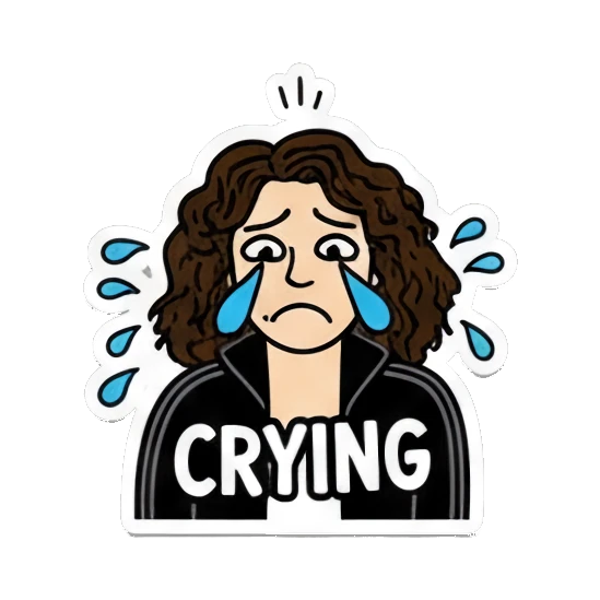 Curly-haired girl crying with tears streaming and text CRYING Curly Hair Girl Daily Vibes sticker for expressive chats and social replies.