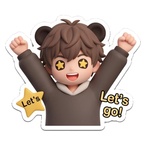 Excited boy with bear ears raising arms with text Let's go. Brown Bear Boy Daily sticker for expressive chats and social replies.