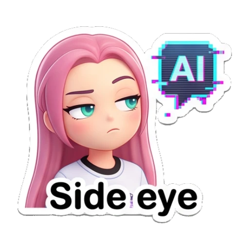 Pink-haired girl giving a side eye with AI icon and text Side eye Pinky Pop Adventures sticker for expressive chats and social replies.