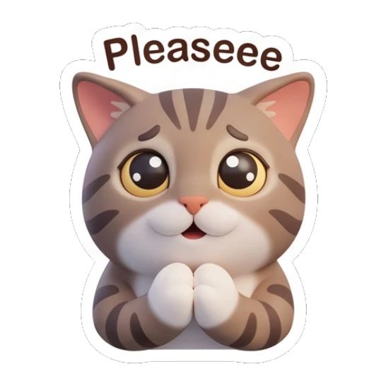 Tabby cat begging with pleading eyes, text Pleaseee Tabby Cat Daily Vibes sticker for expressive chats and social replies.