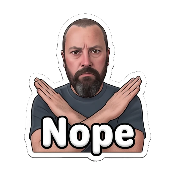 Bearded man crossing arms in a firm rejection gesture. Bearded Guy Daily Vibes sticker for expressive chats and social replies.