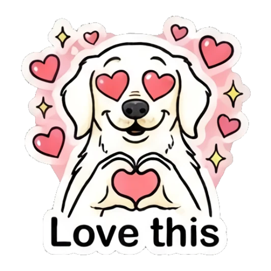 Happy golden retriever forming a heart shape with paws surrounded by hearts with text 'Love this' Golden Retriever Daily Vibes sticker for expressive chats and social replies.