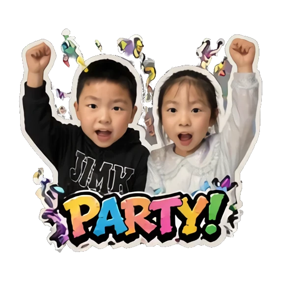 Boy and girl celebrating with PARTY text Hip-hop Kids Duo sticker for expressive chats and social replies.
