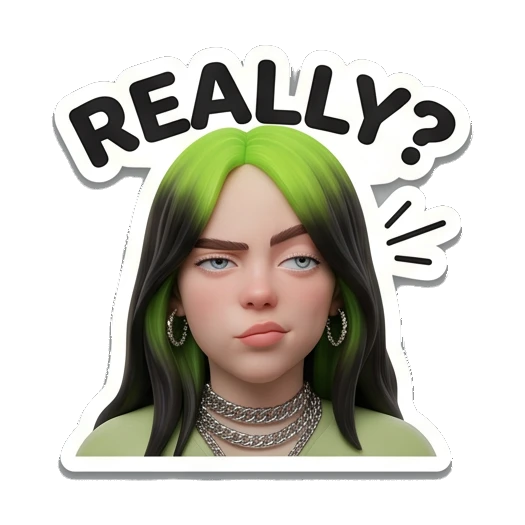 Billie character looking skeptical with REALLY? text, doubtful Billie Eilish 3D Expressions sticker for expressive chats and social replies.